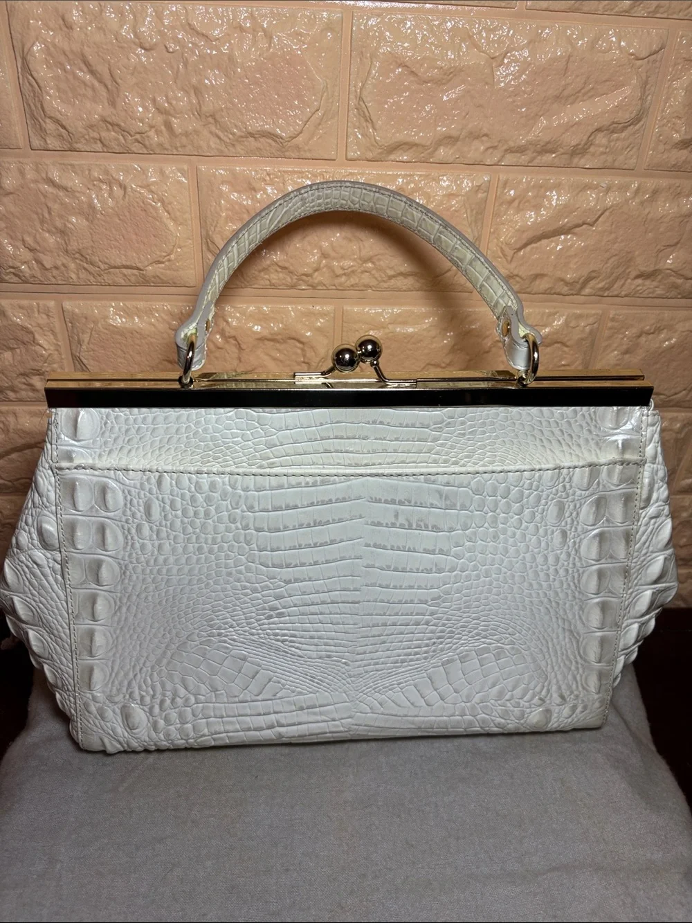 Brahmin White Pearlescent Croc-Embossed Kiss Lock Frame Satchel with Top Handle
